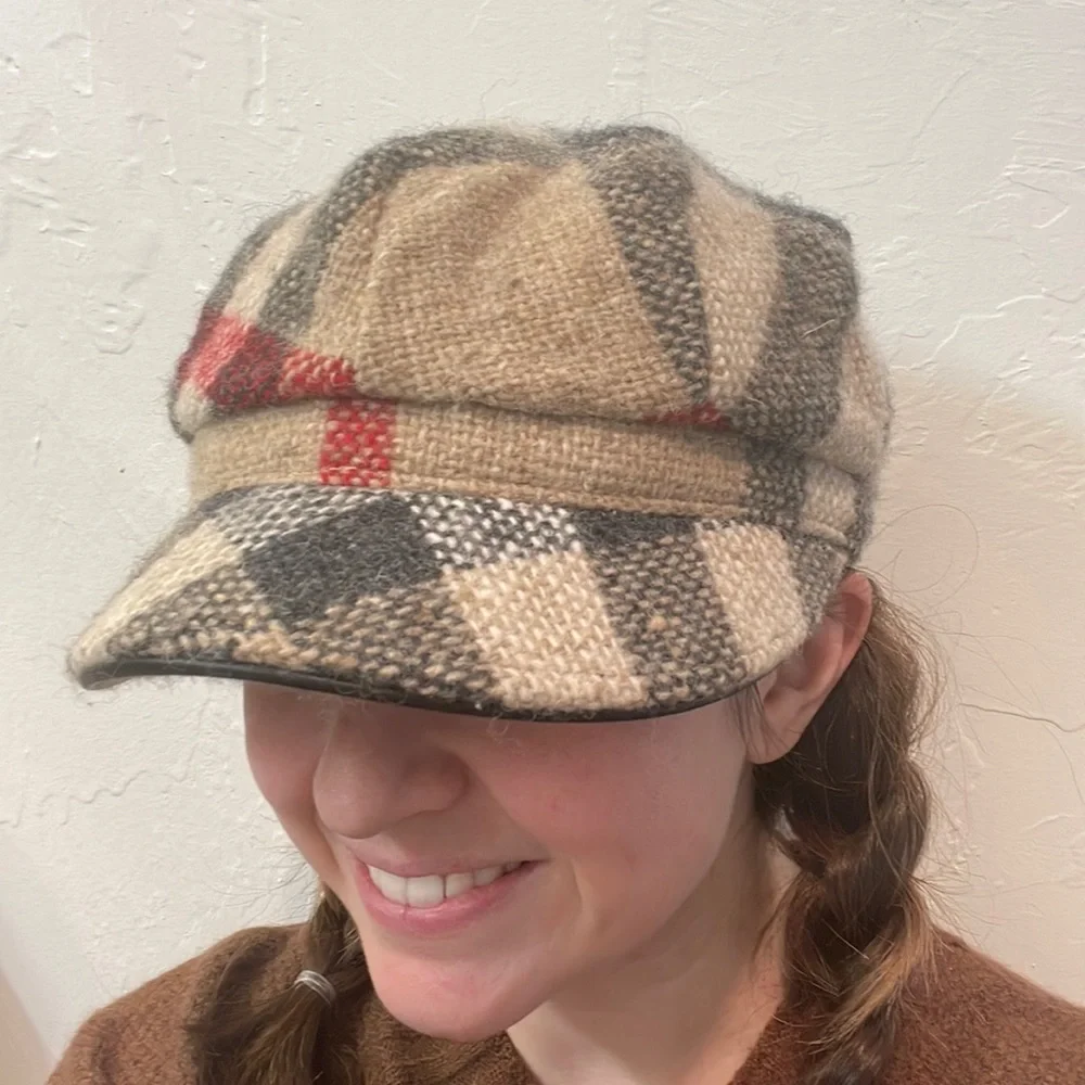 Burberry Beige Black and Red Check Wool Newsboy Cap